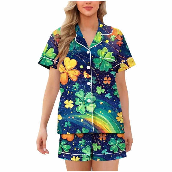 Fewfanhot Women's St. Patrick's Day Pajama Set, Printed Short Sleeve Button Down Top & Shorts, Soft Milk Silk Sleepwear