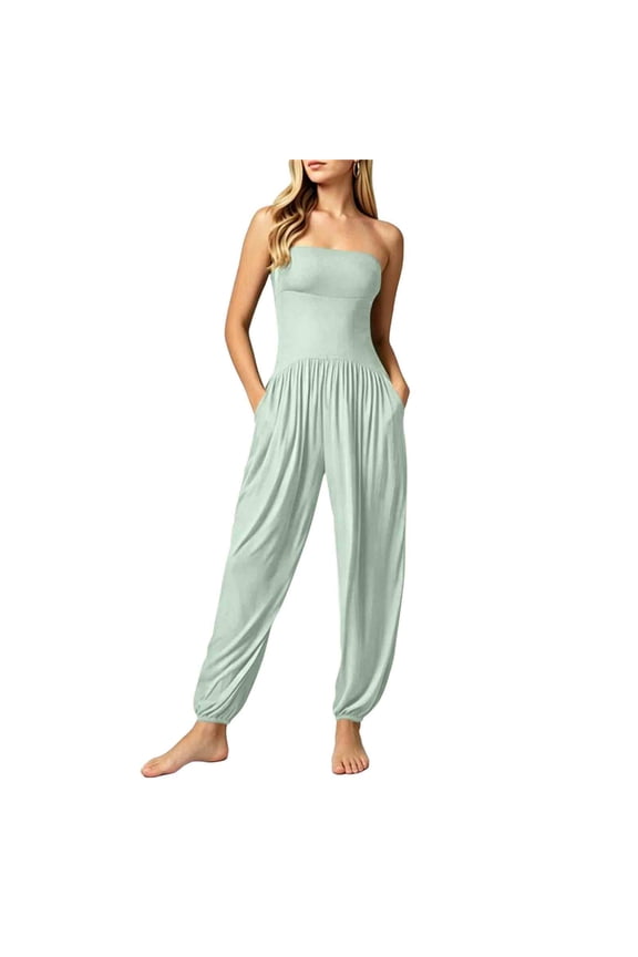 Women's Strapless Tube Top Jumpsuit, High Waist Harem Pants Romper with Pockets, Soft Stretchy Jumpsuit One-Piece Outfit, S-3XL