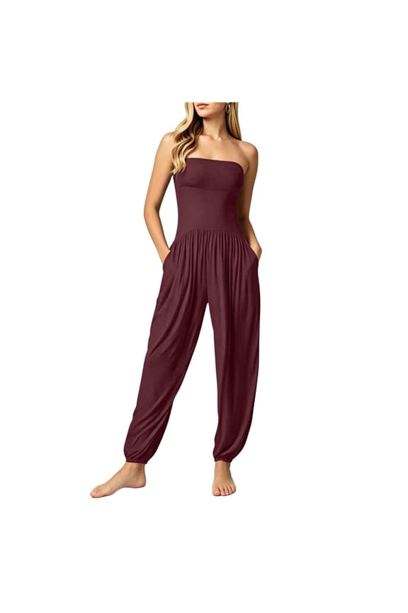 Women's Strapless Tube Top Jumpsuit, High Waist Harem Pants Romper with Pockets, Soft Stretchy Jumpsuit One-Piece Outfit, S-3XL