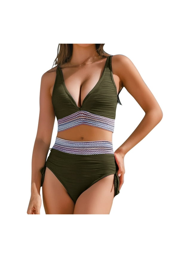 Women's Stripe Print High Waist Bikini Set, Deep V Front Tie Top & Adjustable Side Tie Bottoms, Tummy Control Two Piece Bathing Swimsuit