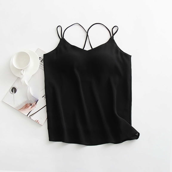 Fewfanhot Women's Summer Chiffon Sleep Camisole V-Neck Padded Sling Top, Lightweight Breathable Satin-like Loungewear