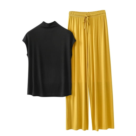 Fewfanhot Women's Summer Modal Loose Pajama Set High Neck Sleeveless T-Shirt Tie Wide Leg Pants Loungewear Sleeveless Crew Neck Top & Pants Set Sleepwear 2 Piece