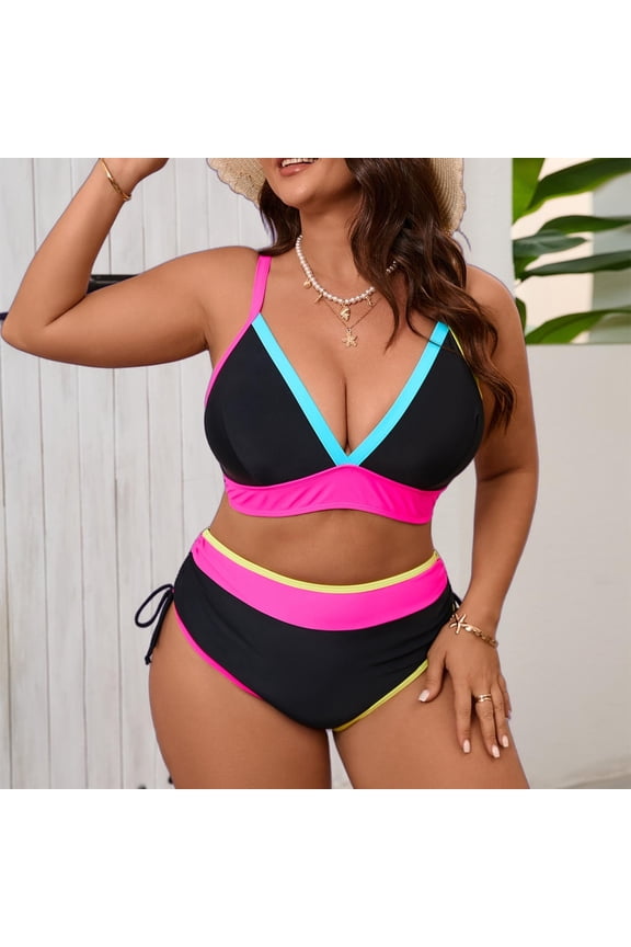 Women's Summer Solid Bikini Set - Padded Underwire Bra Patchwork Design, Supportive Sports Split Swimsuit, L-5XL