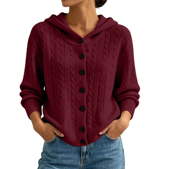 Fewfanhot Women's Sweaters Cable Knit Round Neck Button Open Front Long Sleeve Trendy Sweater Coat Clothes
