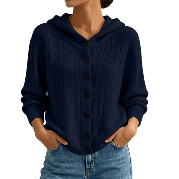 Fewfanhot Women's Sweaters Cable Knit Round Neck Button Open Front Long Sleeve Trendy Sweater Coat Clothes
