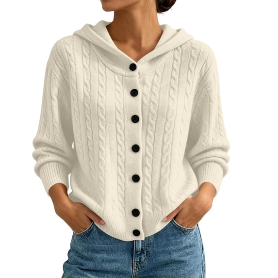Fewfanhot Women's Sweaters Cable Knit Round Neck Button Open Front Long Sleeve Trendy Sweater Coat Clothes