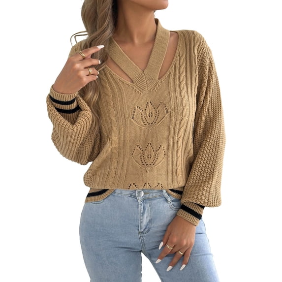 Fewfanhot Women's Sweaters Casual V Neck Long Sleeve Trendy Striped Pullover Cable Knit Sweaters