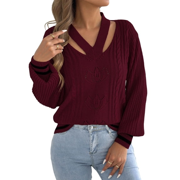 Fewfanhot Women's Sweaters Casual V Neck Long Sleeve Trendy Striped Pullover Cable Knit Sweaters