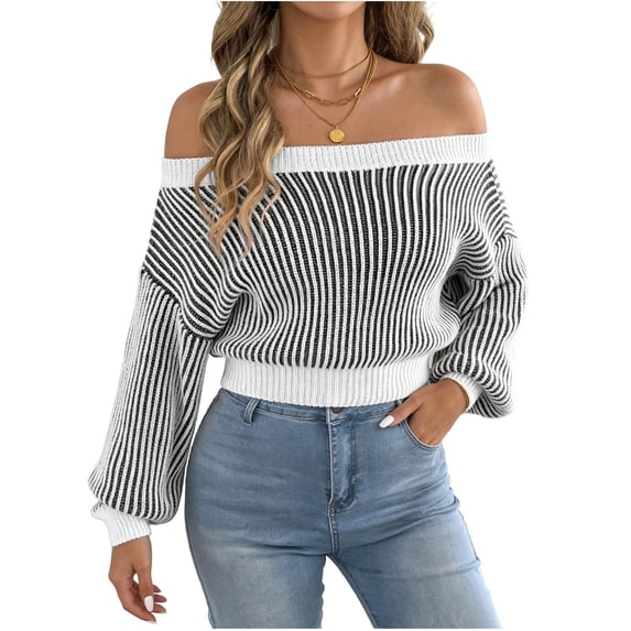 Fewfanhot Women's Sweaters Off Shoulder Striped Casual Long Sleeve Knit Pullover Tops