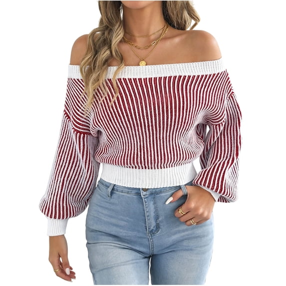 Fewfanhot Women's Sweaters Off Shoulder Striped Casual Long Sleeve Knit Pullover Tops