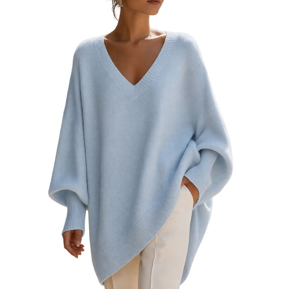 Fewfanhot Women's Sweaters Oversized Batwing Sweaters Long Sleeve V-Neck Knit Asymmetrical Pullover Tops