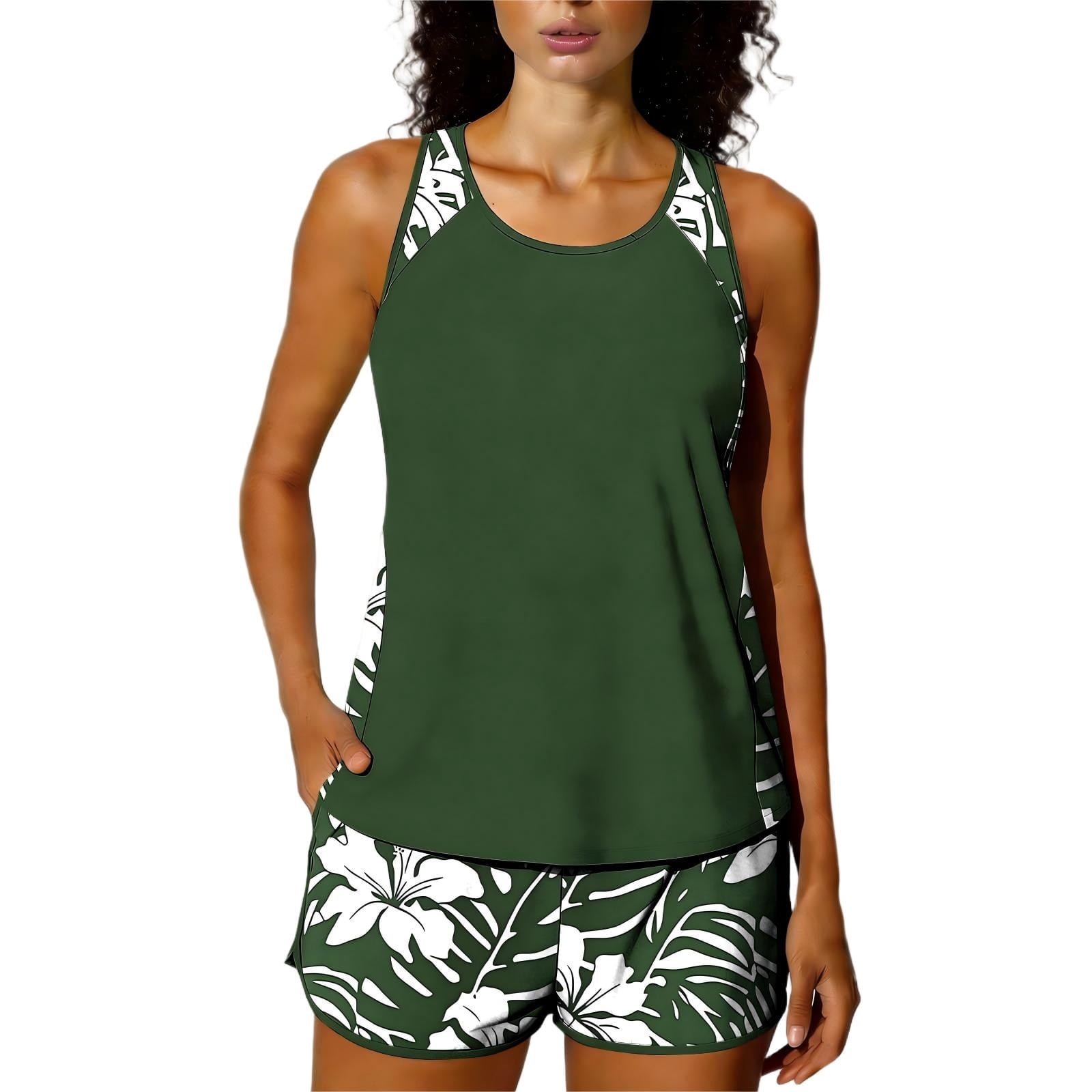 Fewfanhot Women's Tankini Swimsuits 2026 Tummy Control Two Piece Bathing Suits with Sporty Pockets Swim Shorts