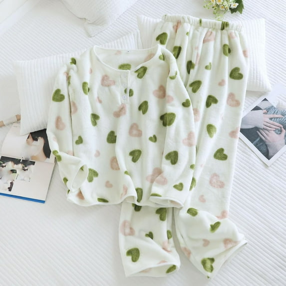 Fewfanhot Women's Thick Printed Cute Pajama Set, Soft & Stretchy Long-Sleeve Comfy Loungewear, Cozy 2-Piece Winter Sleepwear for All Season