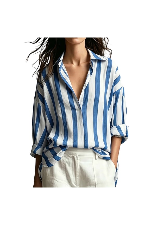 Women's Tops Button Down Striped Dress Shirts Long Sleeve Casual Collared Office Work Blouses Tops