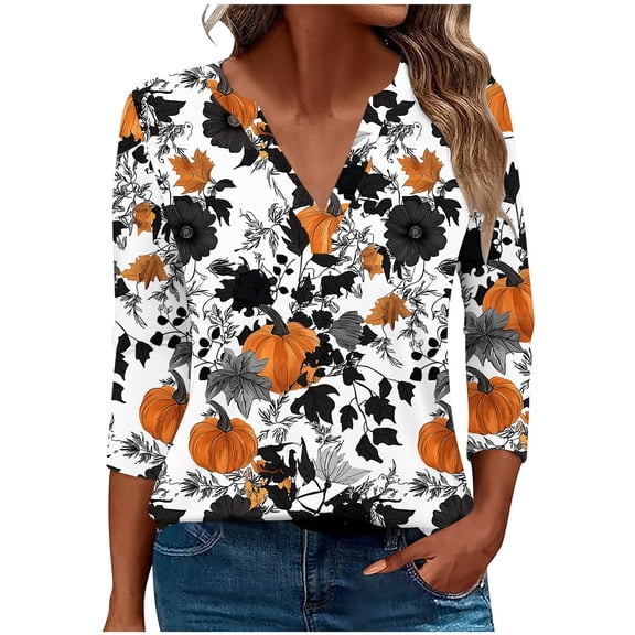 Fewfanhot Women's Tops Casual Loose Halloween Fall/Winter Printed T-shirt 3/4 Sleeves V-Neck Blouse