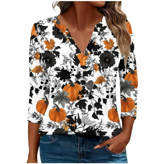 Fewfanhot Women's Tops Casual Loose Halloween Fall/Winter Printed T-shirt 3/4 Sleeves V-Neck Blouse