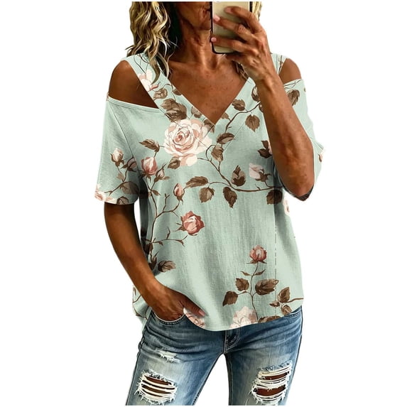 Fewfanhot Women's Tops Cold Shoulder V-neck Summer Short Sleeve T-Shirts Vacation Loose Casual Tees
