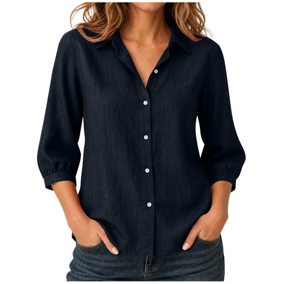 Fewfanhot Women's Tops Long Sleeve Button Down Blouse Loose Fit Casual V-Neck Tops