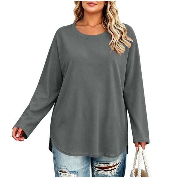 Fewfanhot Women's Tops Plus Size Tops Fall Loose Fit Casual Blouses Crewneck Loose Fit Basic Tees Winter Outfits