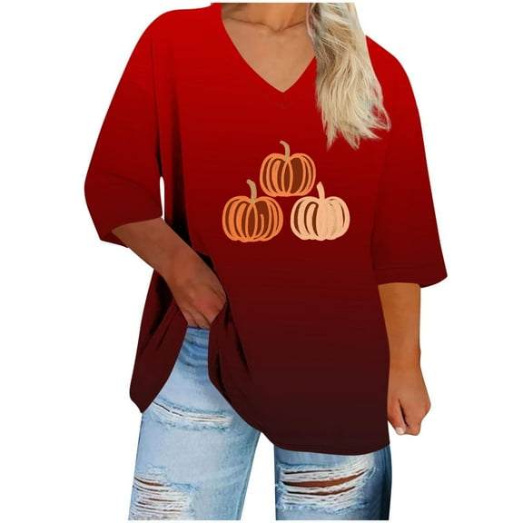 Fewfanhot Women's Tops Plus Size V Neck Pumpkin Retro Graphic Halloween Tees Casual Loose Fall Holiday Tops