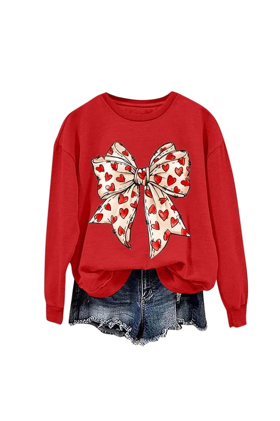 Women's Tops, Tees & Blouses Bow Long Sleeve Valentine's Day Holiday Tree Loose Fit Tee Tops