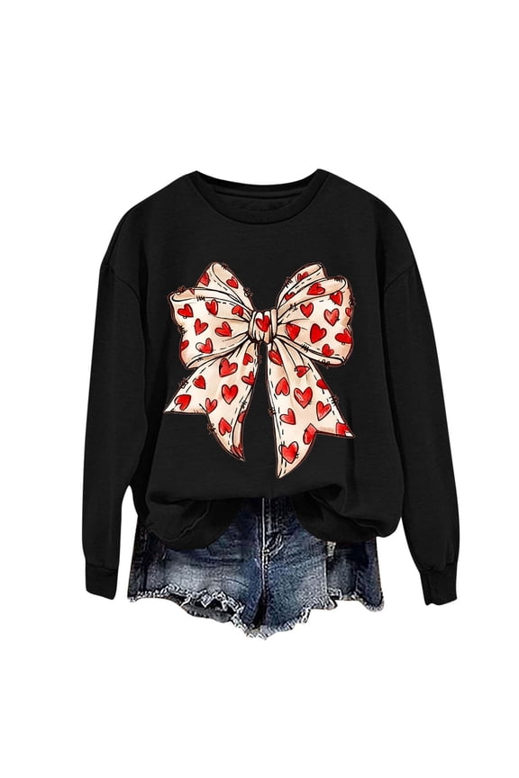 Women's Tops, Tees & Blouses Bow Long Sleeve Valentine's Day Holiday Tree Loose Fit Tee Tops