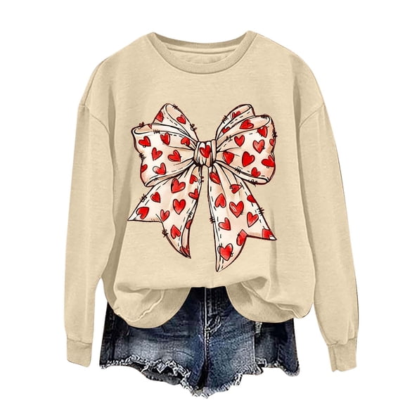 Fewfanhot Women's Tops, Tees & Blouses Bow Long Sleeve Valentine's Day Holiday Tree Loose Fit Tee Tops