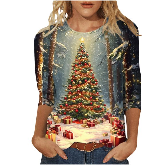 Fewfanhot Women's Tops, Tees & Blouses Christmas Shirts for Women Funny Graphic Crewneck 3/4 Sleeve Holiday Casual Dressy Blouses
