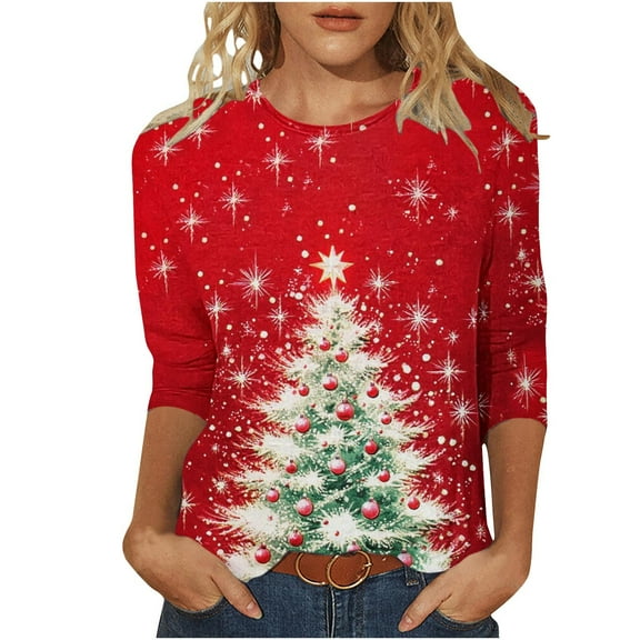Fewfanhot Women's Tops, Tees & Blouses Fashion Casual Snowflake Christmas Tree Print 3/4 Sleeve Shirts Plus Size Ladies Tops
