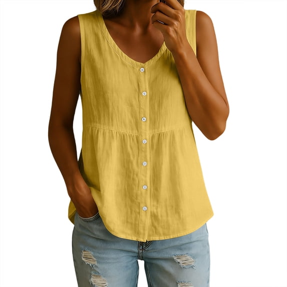 Fewfanhot Women's Tops, Tees & Blouses Linen Sleeveless Tank Tops Scoop Neck Button Pleated Blouse