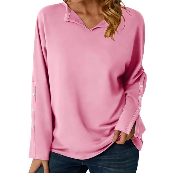 Fewfanhot Women's Tops, Tees & Blouses Solid Color Crew Neck Sweater, Loose Button Pullover Long-Sleeved Sweater Shirt