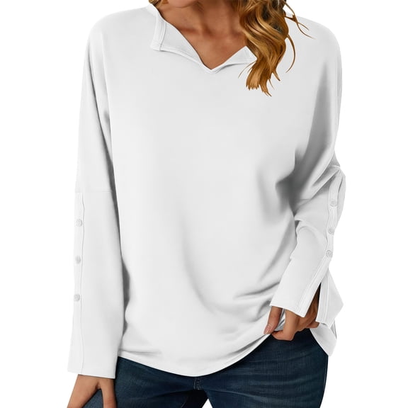 Fewfanhot Women's Tops, Tees & Blouses Solid Color Crew Neck Sweater, Loose Button Pullover Long-Sleeved Sweater Shirt