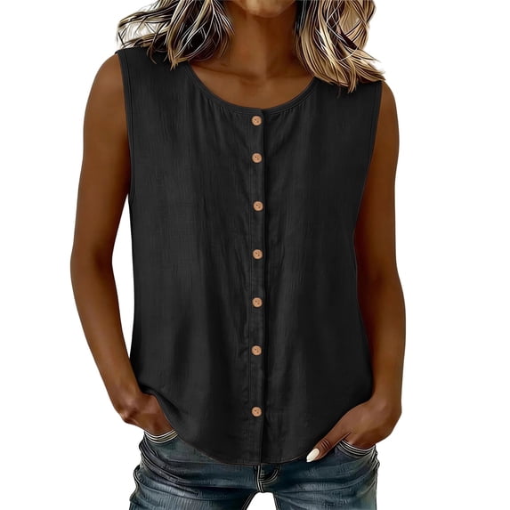 Fewfanhot Women's Tops, Tees & Blouses Tank Tops Casual Scoop Neck Button Summer Button-up Cotton Beach Sleeveless Tops