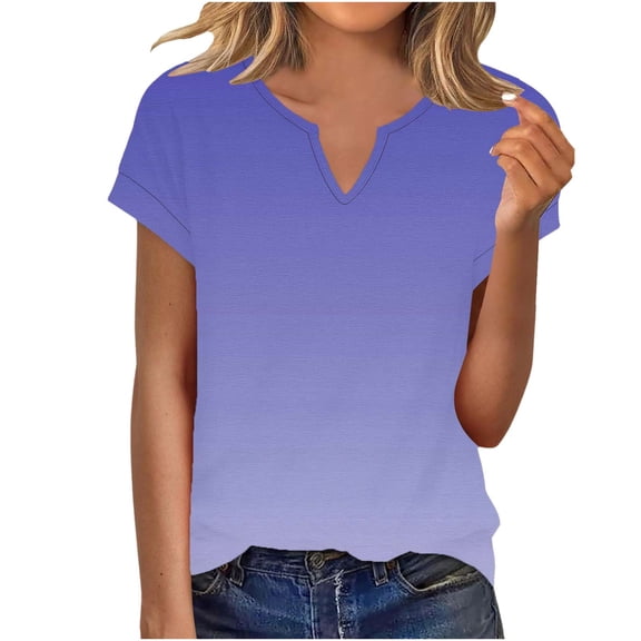 Fewfanhot Women's Tops, Tees & Blouses Trendy Short Sleeve Tops V Neck Shirts Casual Gradient Tees Pullover Dressy Blouse Holiday Clothes