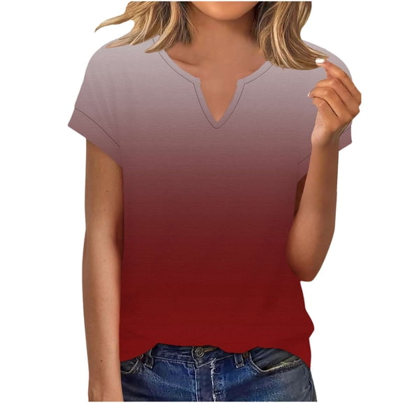 Fewfanhot Women's Tops, Tees & Blouses Trendy Short Sleeve Tops V Neck Shirts Casual Gradient Tees Pullover Dressy Blouse Holiday Clothes