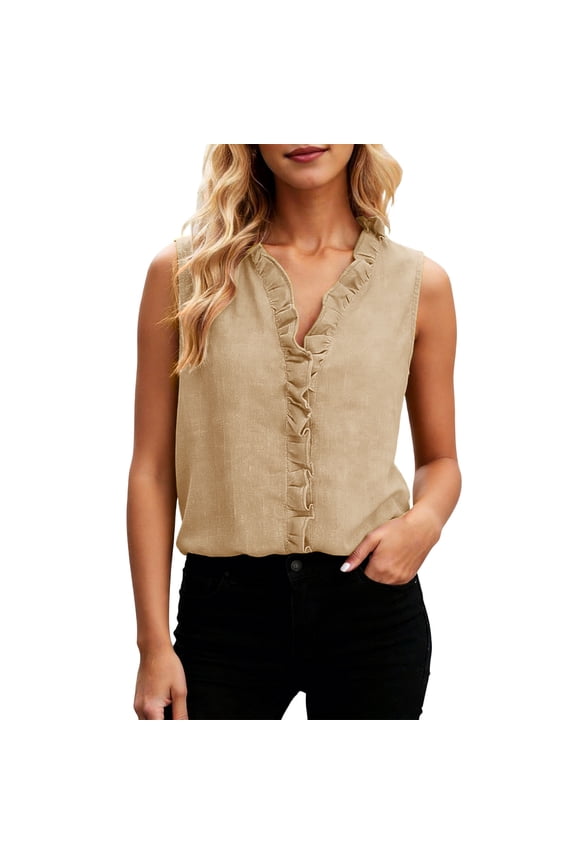 Women's Tops V Neck Ruffled Collared Shirts Sleeveless Ruffle Solid Blouse