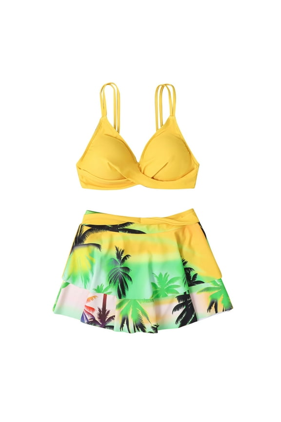 Women's Tropical Palm Print Bikini Set, Halter Triangle Top & Ruffled Swim Skirt Adjustable Tummy Control Two Piece Bathing Swimsuit with UPF50