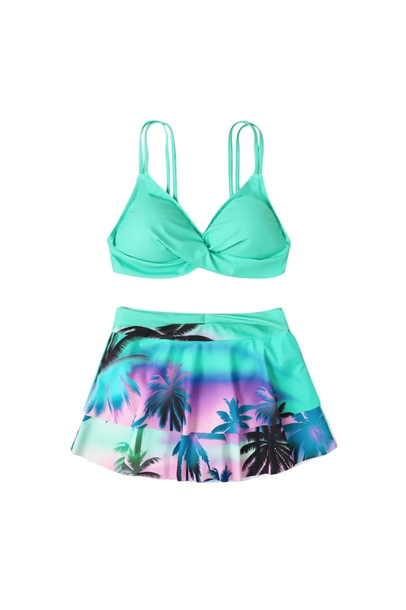 Women's Tropical Palm Print Bikini Set, Halter Triangle Top & Ruffled Swim Skirt Adjustable Tummy Control Two Piece Bathing Swimsuit with UPF50
