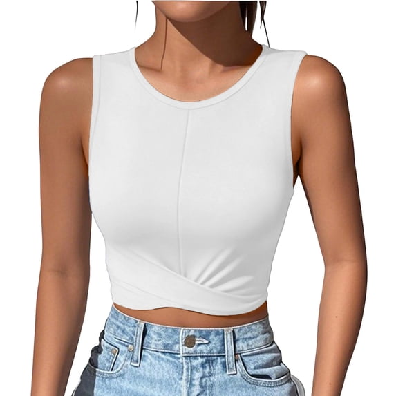 Fewfanhot Women's Twist Knot Front Crop Tank Top, Crew Neck Sleeveless Casual Summer Blouse, Slim Fit Bodycon Cami with Multiple Colors, S-3XL