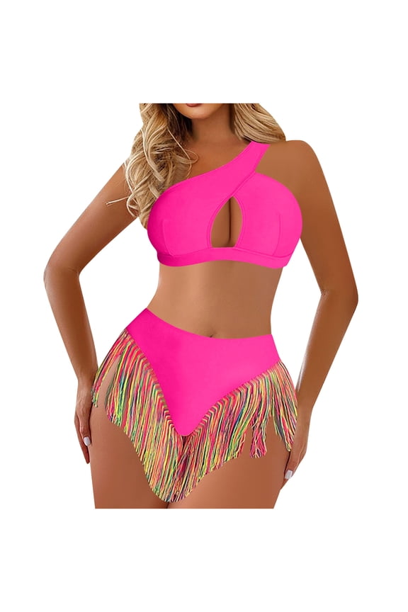 Women's Two-Piece Bikini Set, Halter Neck CrossNeck with Fringe Detail Adjustable Straps Swimming Bathing Underwear
