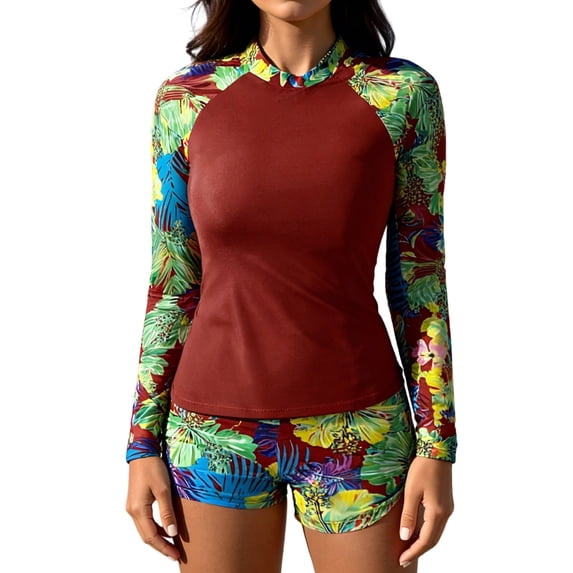 Fewfanhot Women's Two-Piece Print Rash Guard Swimsuit Set, Full Sleeve Tummy Control Swimwear Set,Halter Top and Printed Bottom