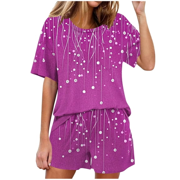 Fewfanhot Women's Ultra-Soft Pajama Set - Round Neck Cute Printed Short Sleeve Pajamas & Short Pant, Ideal for Home and Family Gatherings