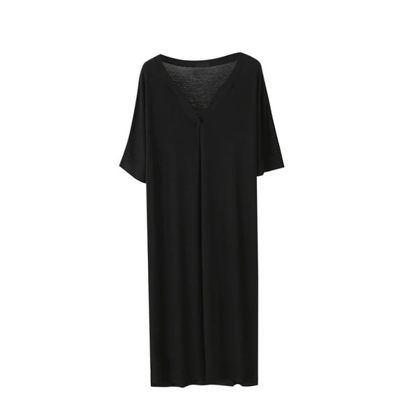 Fewfanhot Women's V-Neck Modal Sleep Dress Long Sleeve Solid Color Nightgown, Soft Slip Style Lounge Wear Ankle-Length Sleepwear