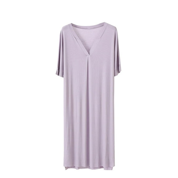 Fewfanhot Women's V-Neck Modal Sleep Dress Long Sleeve Solid Color Nightgown, Soft Slip Style Lounge Wear Ankle-Length Sleepwear