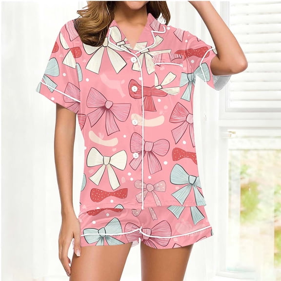 Fewfanhot Women's Valentine's Pajama Set - Printed Stand Up Collar Short Sleeved Top with Pockets & Shorts, Breathable Sleepwear