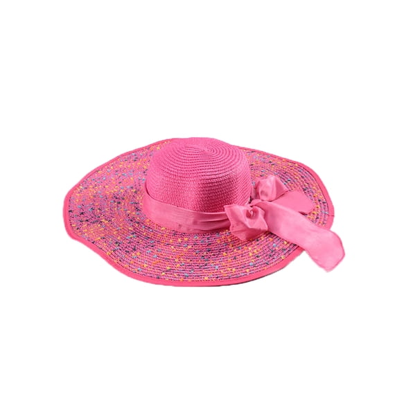 Fewfanhot Women's Wide Brim Straw Sun Hat with Colorful Speckles & Beige Chiffon Bow Foldable Design UPF Protection for Beach, Travel, Summer Casual Wear