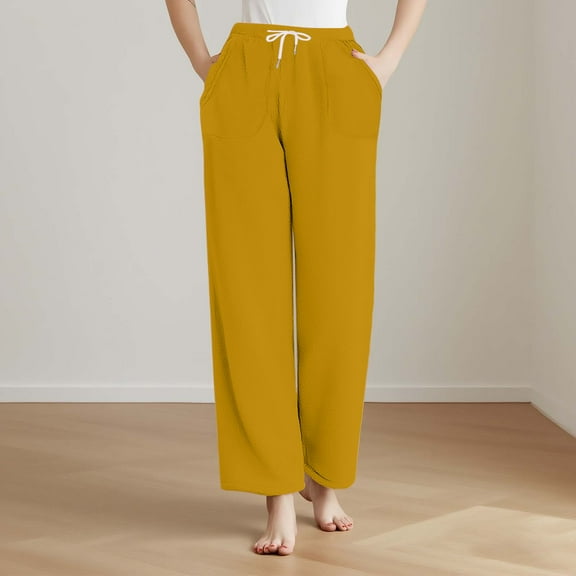 Fewfanhot Women's Winter Solid Color Sleep Pants - Flannel Straight Leg Lounge Trousers with Elastic Waist for Cozy Seasonal Comfort