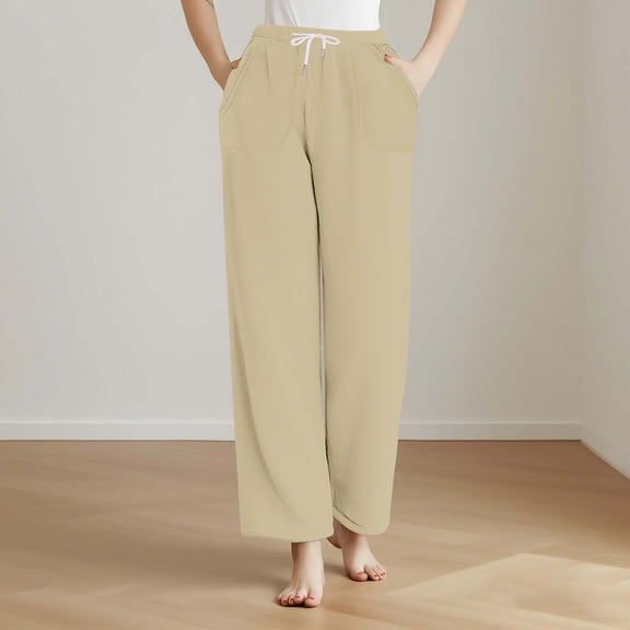 Fewfanhot Women's Winter Solid Color Sleep Pants - Flannel Straight Leg Lounge Trousers with Elastic Waist for Cozy Seasonal Comfort