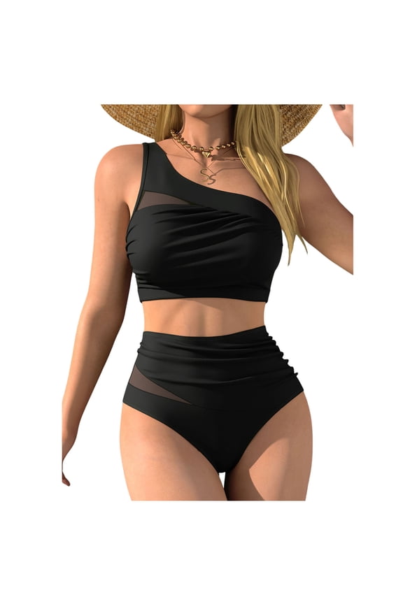 Womens Bikini One Shoulder Two Piece Swimsuit High Waisted Asymmetrical Neck Ruched Cutout Mesh
