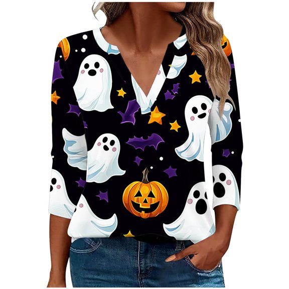 Fewfanhot Womens Blouses Casual Loose Halloween Fall/Winter Printed T-shirt 3/4 Sleeves V-Neck Blouse